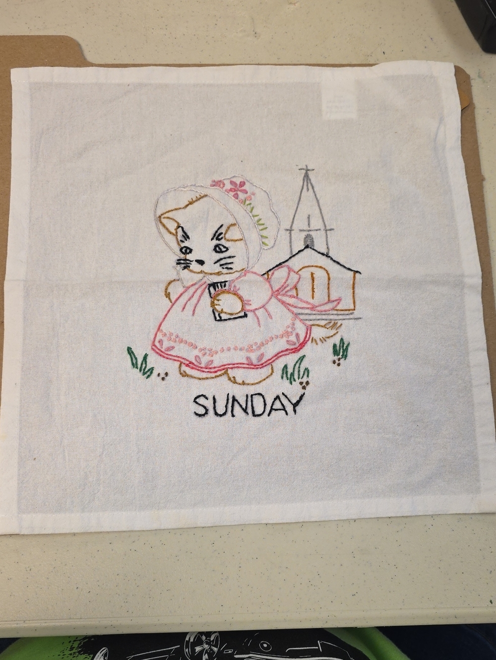 Embroidered 'Sunday' Kitchen Linen in White with Pink Accents